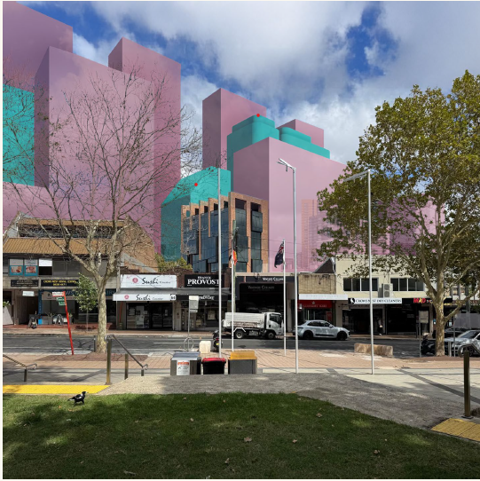 Projected development impacts on Willoughby Road — massing overlay of future buildings above existing shopfronts